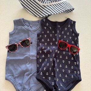 Nautical Kids One Piece Set - Blue and Navy/ Mudpie baby sunglasses & hat!